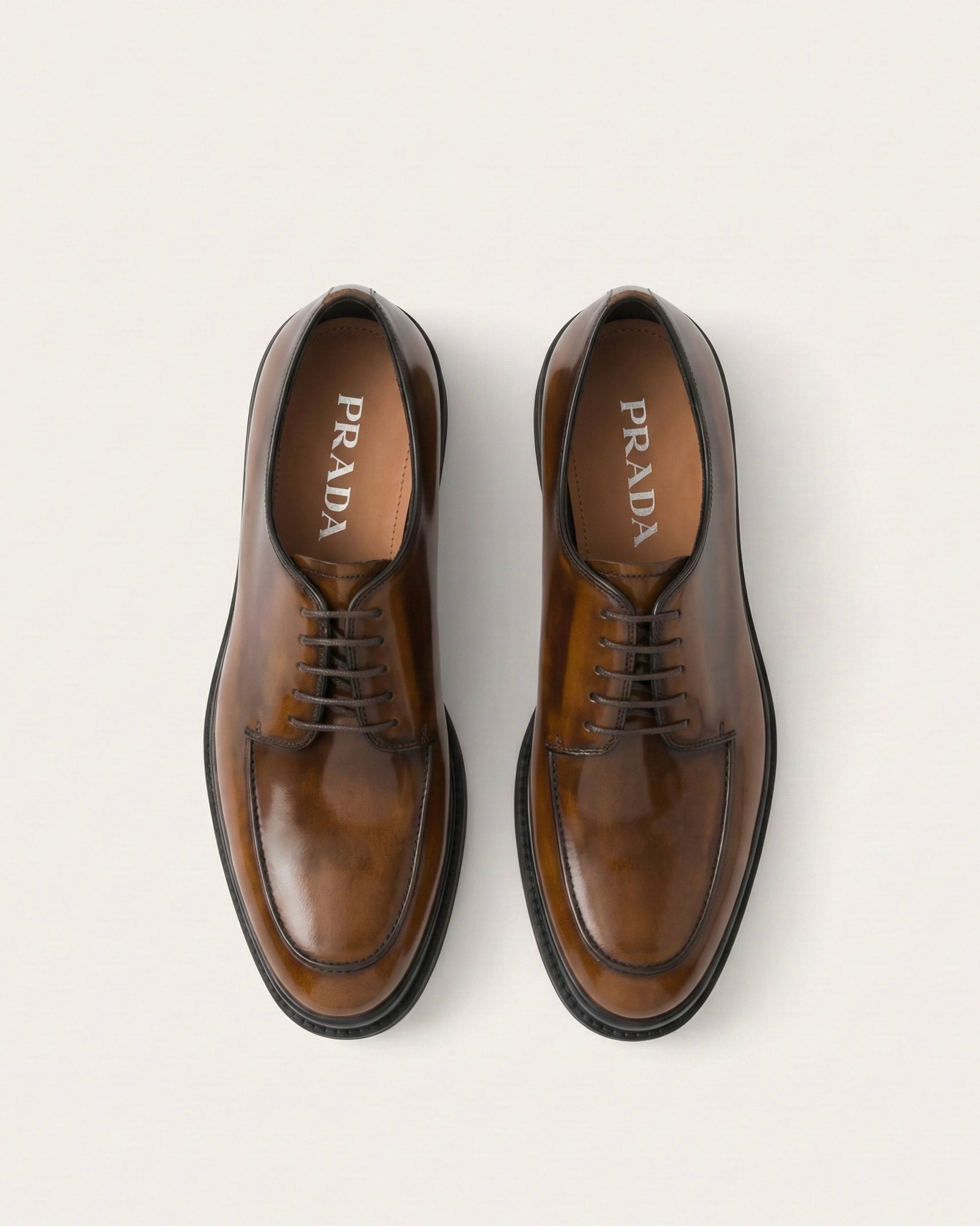 Prada Men's High-Shine Brushed Leather Moc-Toe Derby Shoes