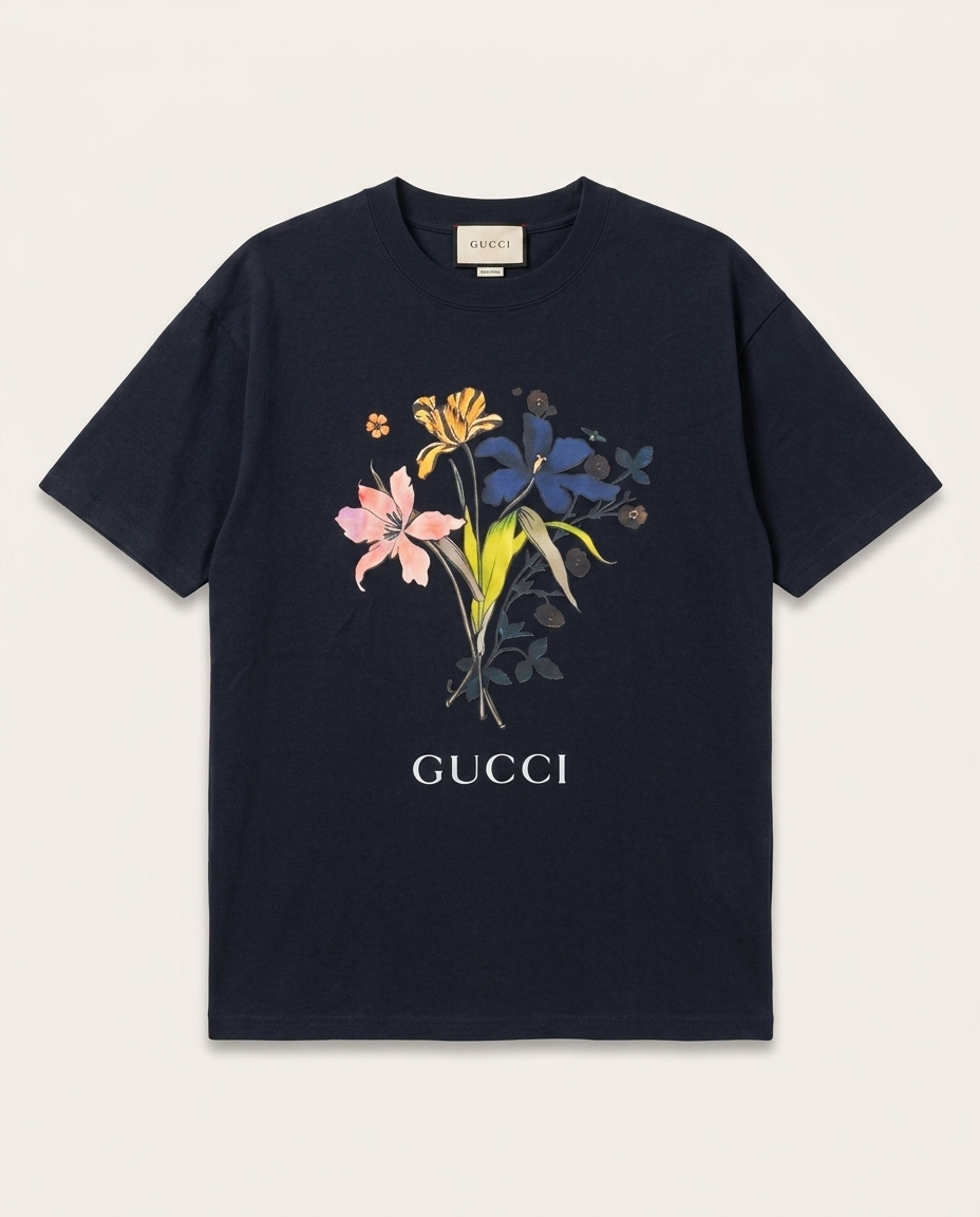 Gucci - Oversized Floral Bouquet Graphic T-Shirt in Navy Blue