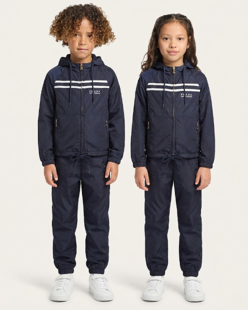 PRADA ジャージ上下セット ネイビー Prada Kids - Navy Nylon Hooded Tracksuit Set with Logo Stripes