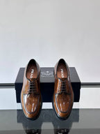 Prada Men's High-Shine Brushed Leather Moc-Toe Derby Shoes - Brown