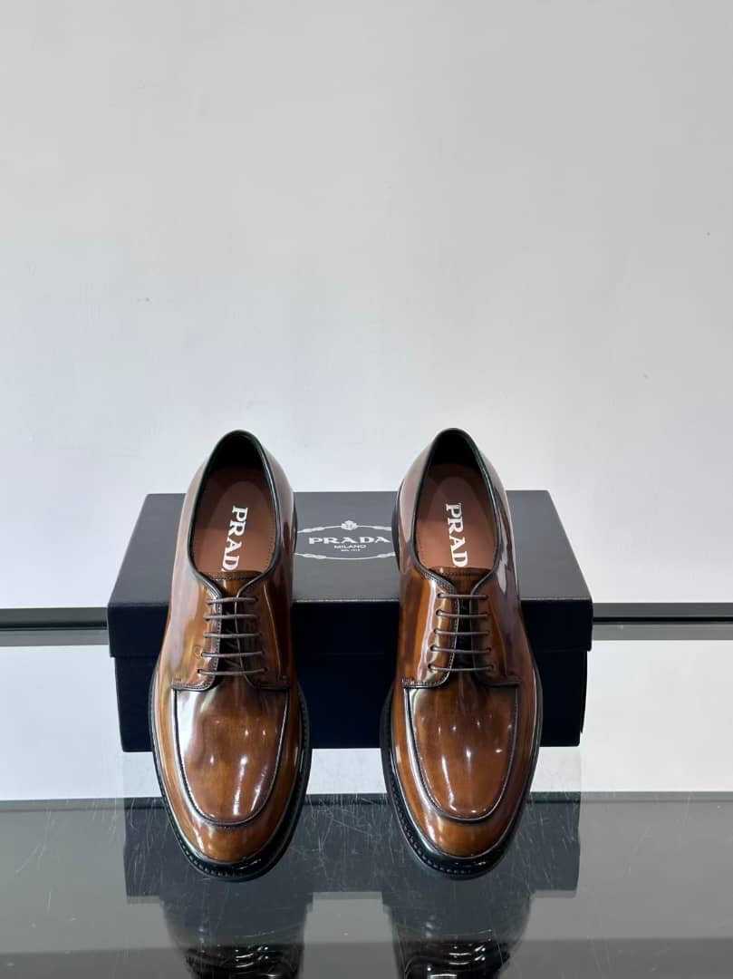 Prada Men's High-Shine Brushed Leather Moc-Toe Derby Shoes - Brown