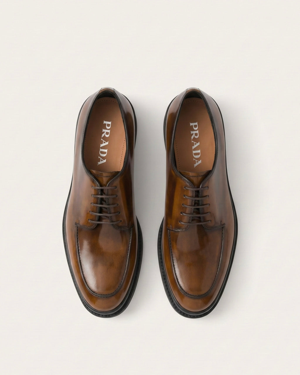 Prada Men's High-Shine Brushed Leather Moc-Toe Derby Shoes - Brown