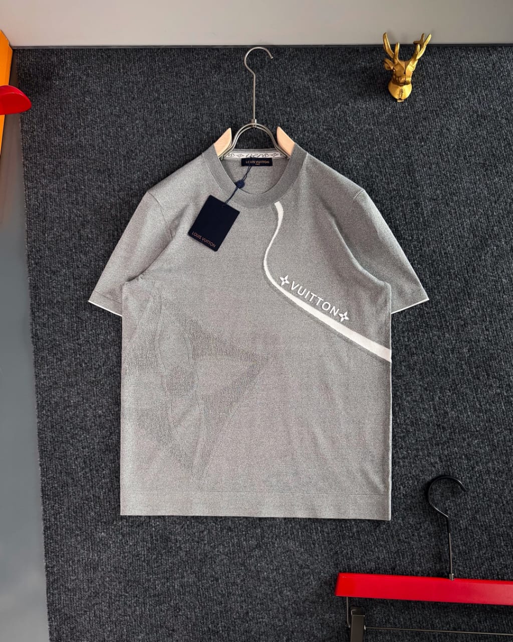 Louis Vuitton - Grey Knit T-Shirt with White Monogram Stripe