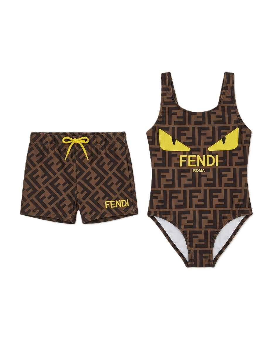 Fendi Kids - Brown & Monster Motif Swimwear Set