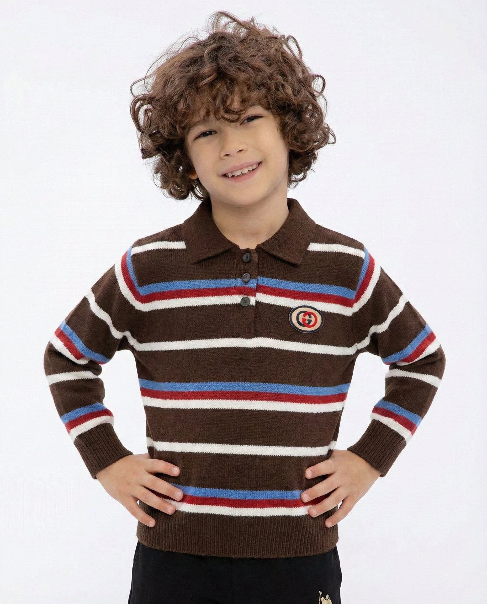 Gucci - Kids Striped Knit Polo Sweater with Interlocking G Patch - Brown/Multi