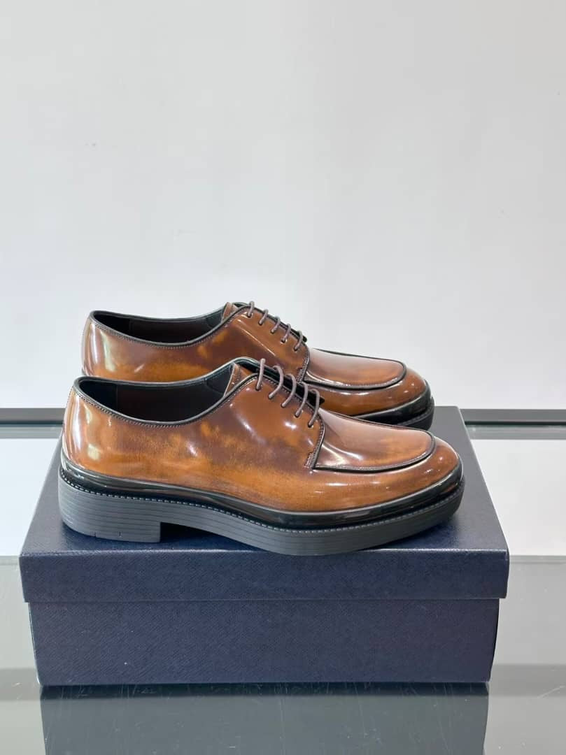 Prada Men's High-Shine Brushed Leather Moc-Toe Derby Shoes - Brown