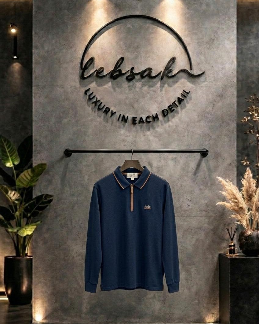 Hermès - Embroidered Quarter-Zip Polo Sweater — Marine Bleu & Beige