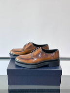 Prada Men's High-Shine Brushed Leather Moc-Toe Derby Shoes - Brown