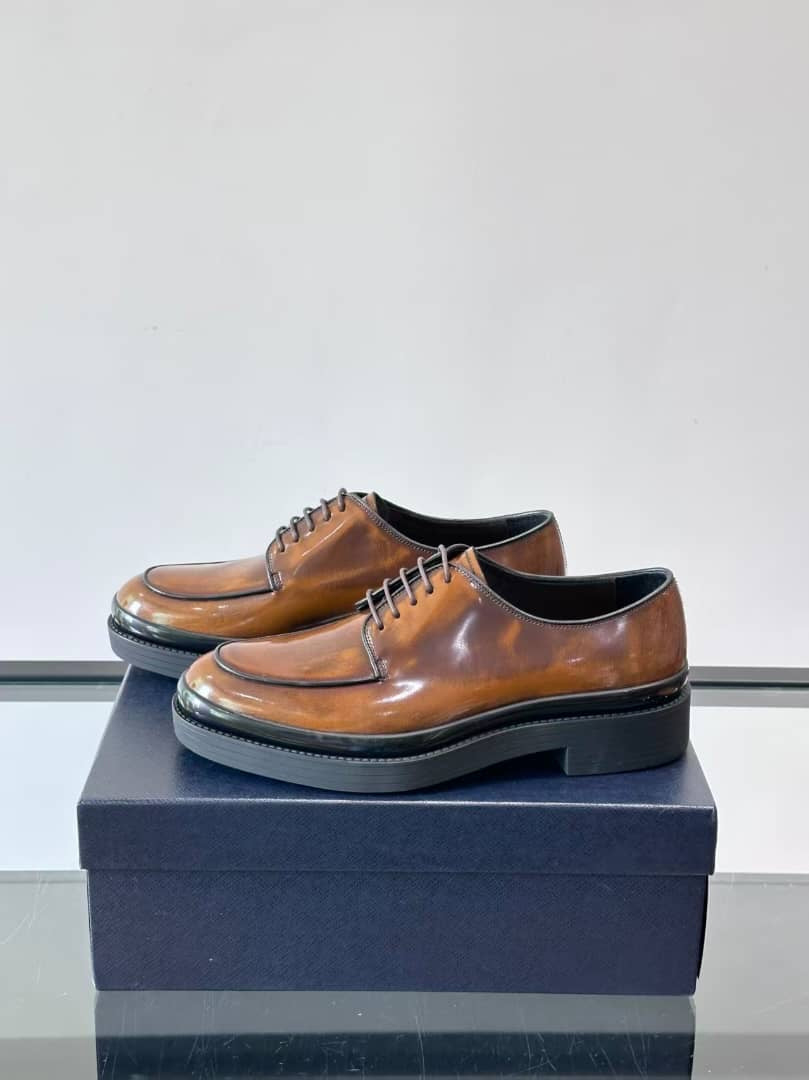 Prada Men's High-Shine Brushed Leather Moc-Toe Derby Shoes - Brown