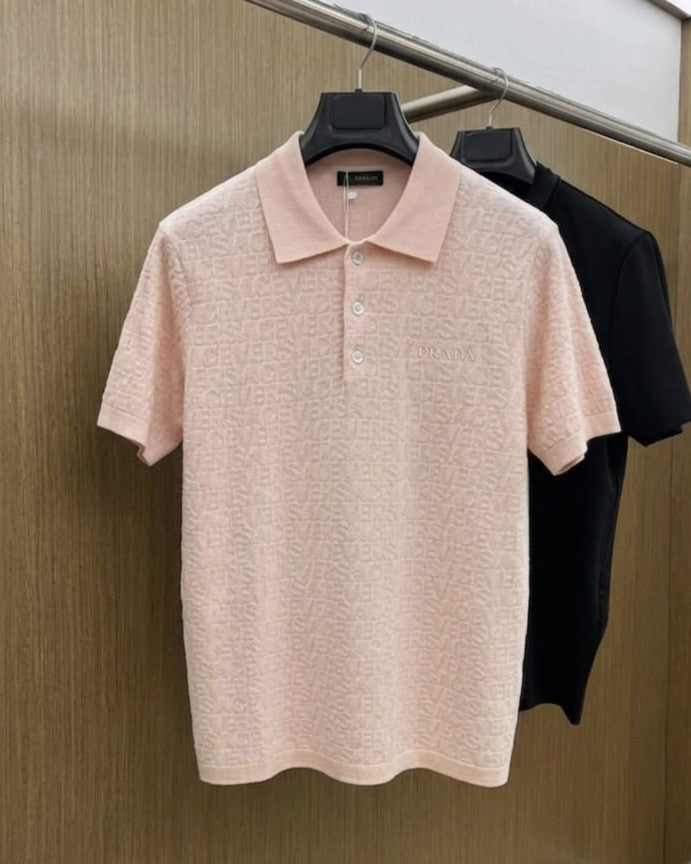 Versace - Allover Monogram Knit Polo – Peach Fuzz