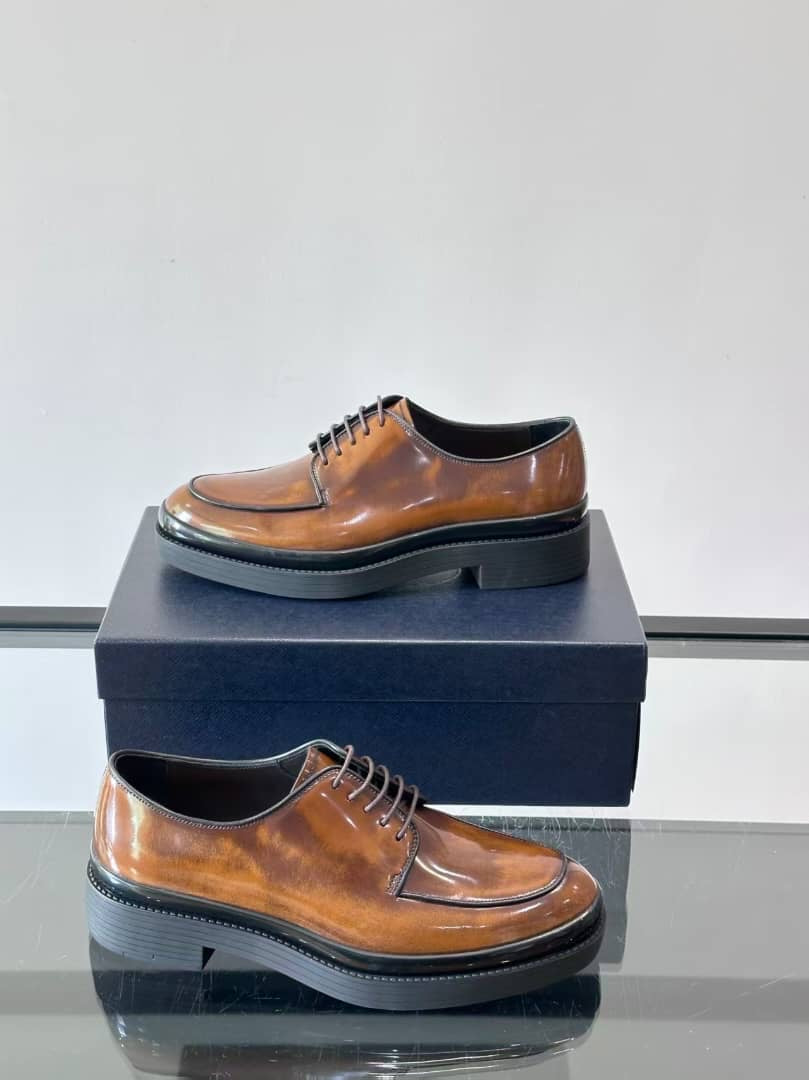 Prada Men's High-Shine Brushed Leather Moc-Toe Derby Shoes - Brown