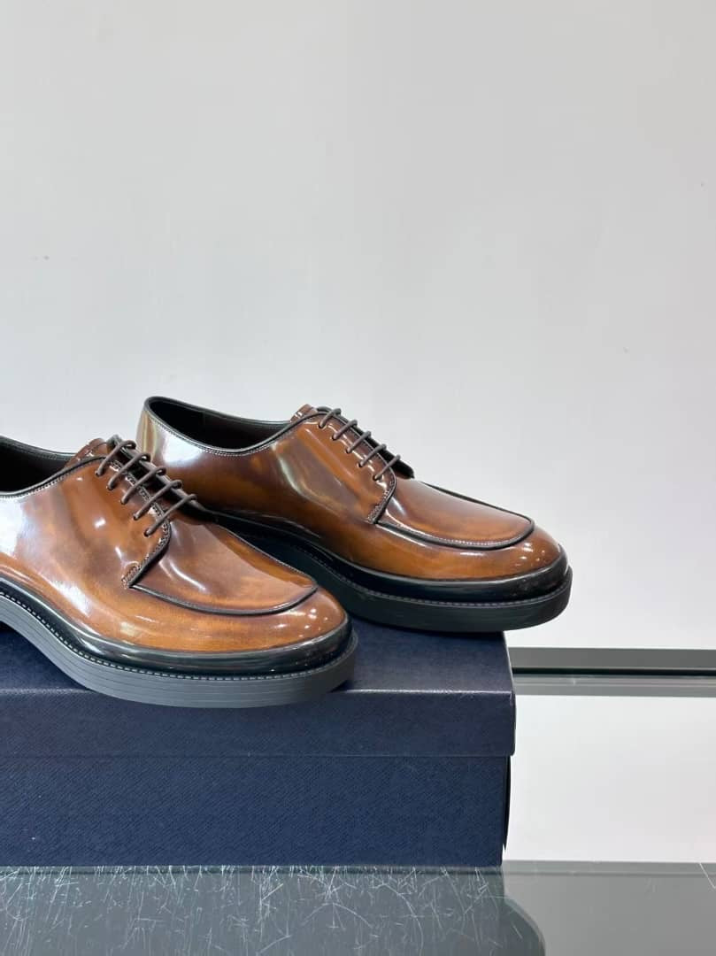Prada Men's High-Shine Brushed Leather Moc-Toe Derby Shoes - Brown
