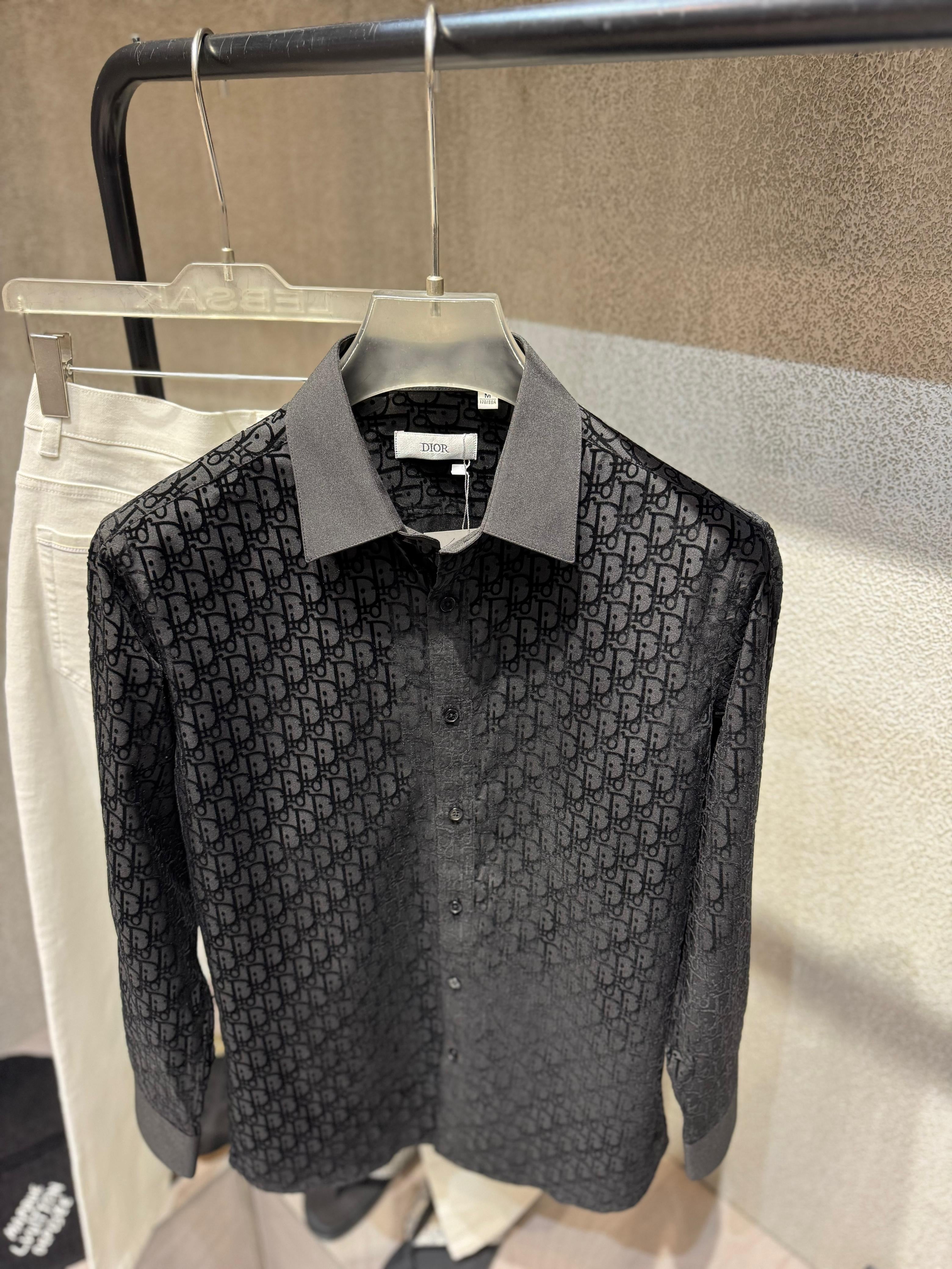 Dior - Black Sheer Oblique Logo Long-Sleeve Tailored Shirt