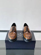 Prada Men's High-Shine Brushed Leather Moc-Toe Derby Shoes - Brown