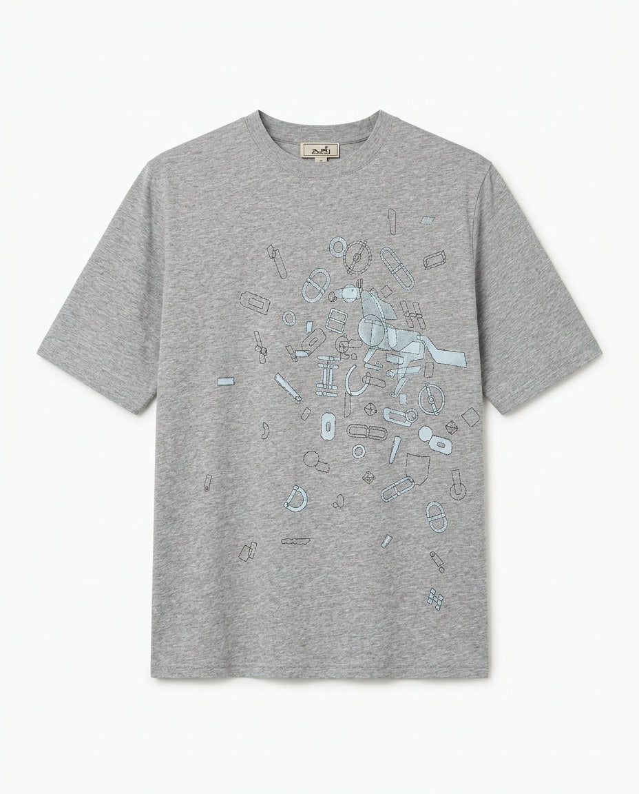 HERMES - Grey Graphic Horse Motif T-Shirt