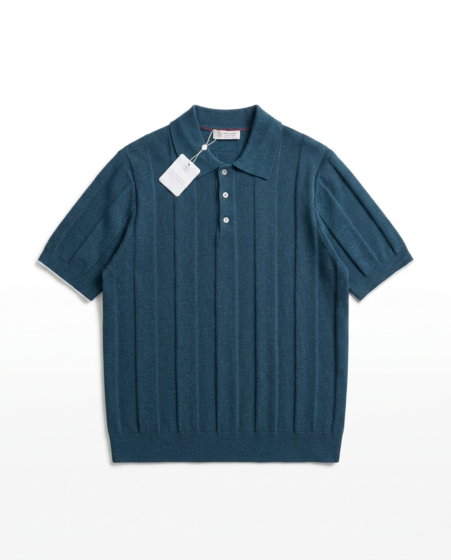Brunello Cucinelli - Ribbed Knit Polo T-Shirt in Teal Blue