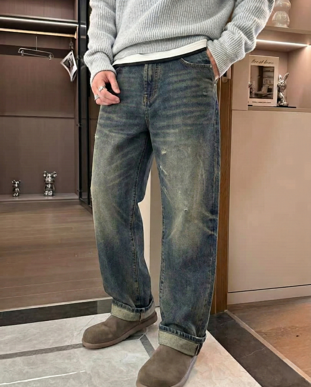Distressed Dark Wash Straight-Leg Denim Jeans