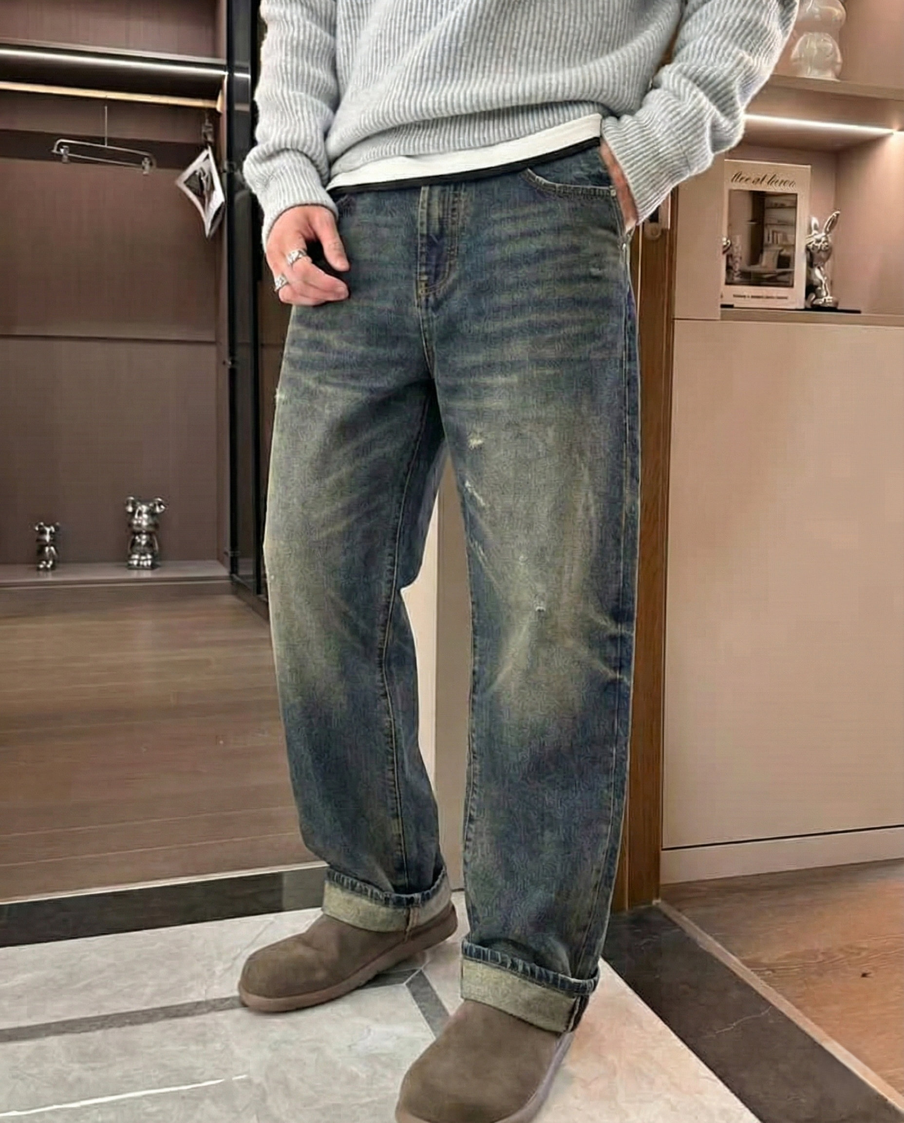 Distressed Dark Wash Straight-Leg Denim Jeans
