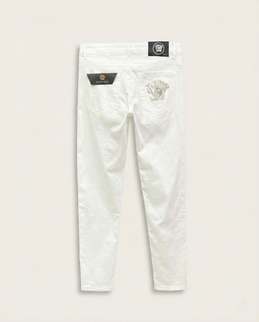 Versace - Men's White Slim-Fit Jeans with Gold Medusa Embroidery