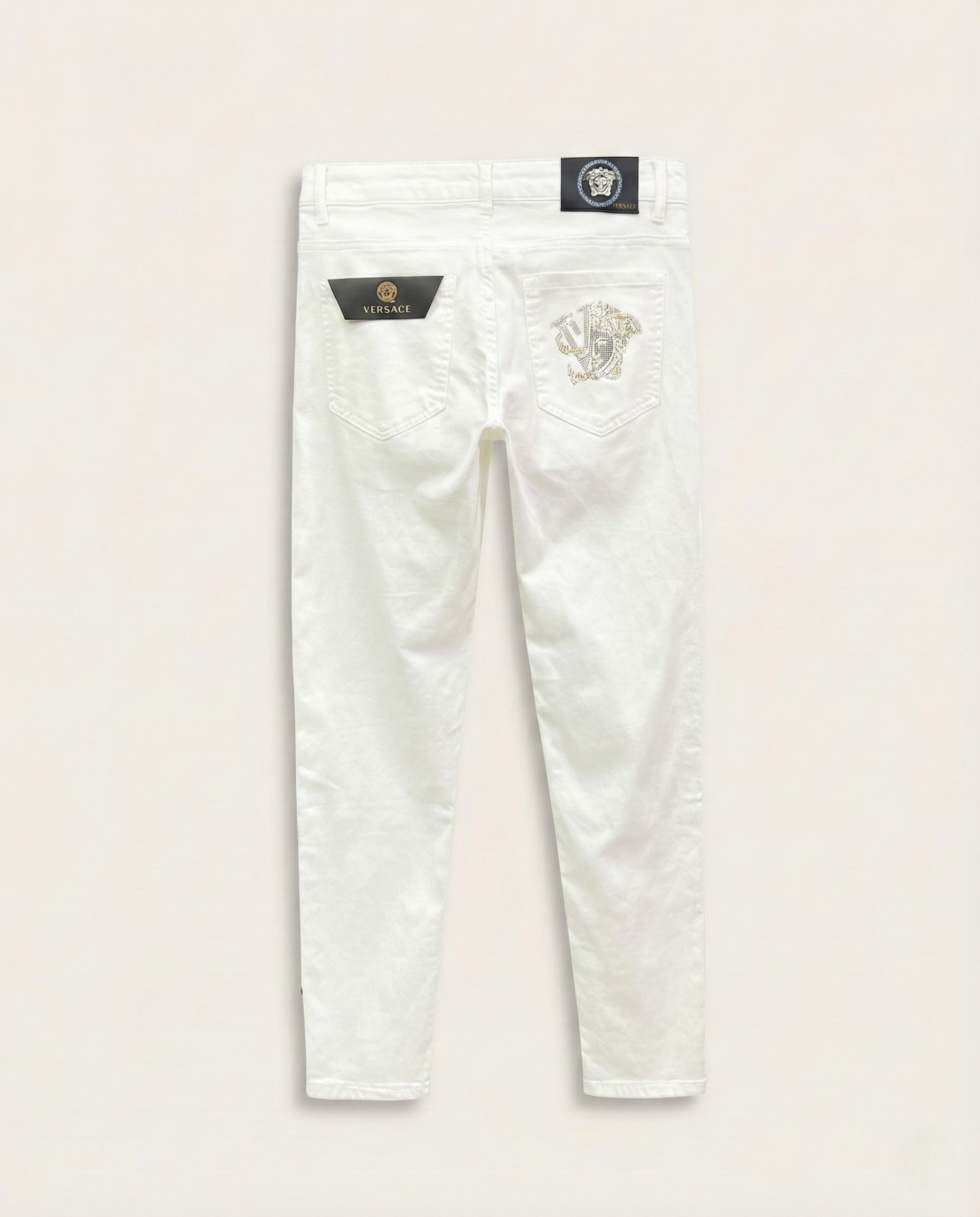 Versace - Men's White Slim-Fit Jeans with Gold Medusa Embroidery