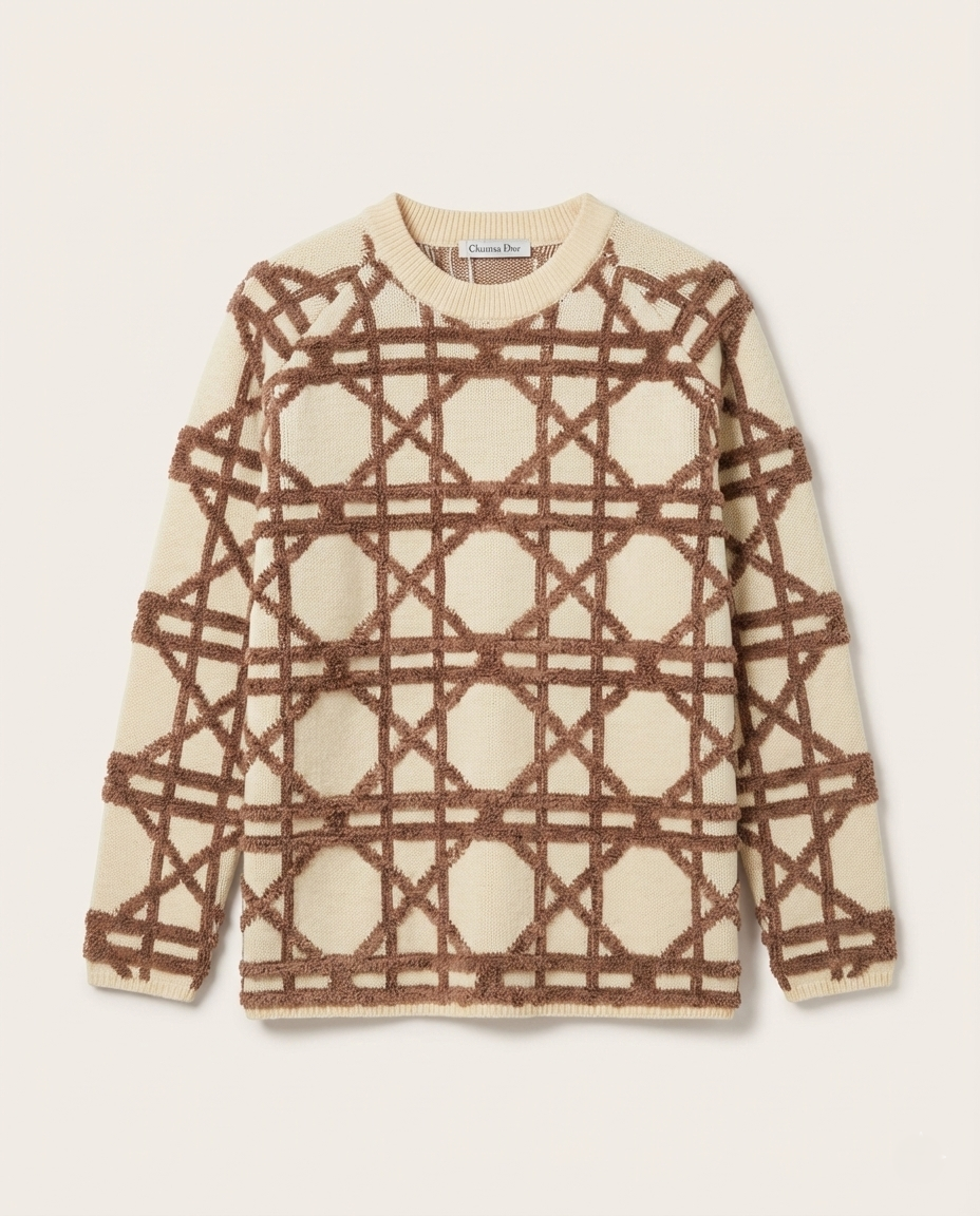Christian Dior - Men's Cream & Brown Textured Cannage Knit Sweater