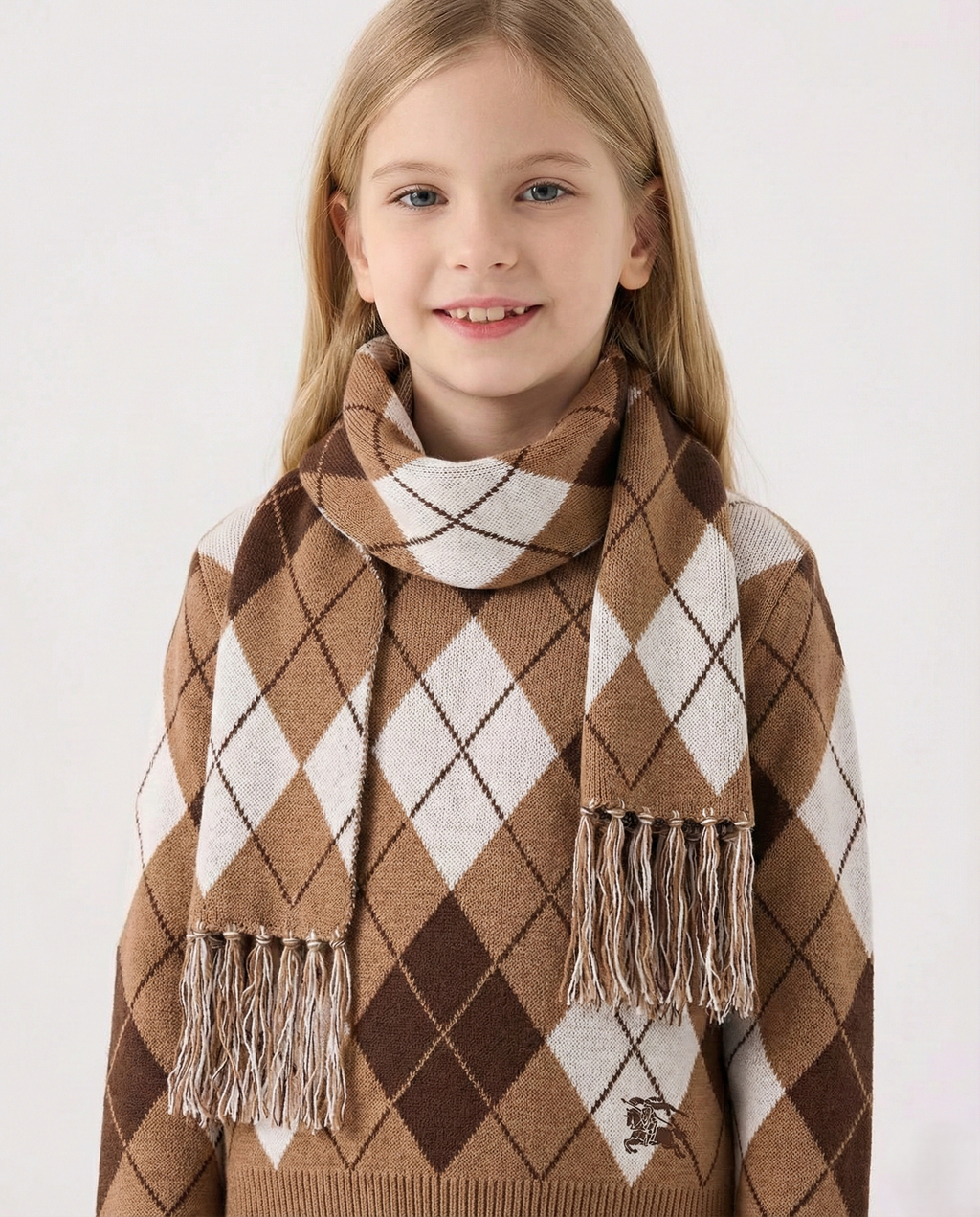 Burberry - Kids' Camel & White Diamond Knit Sweater with Fringed Scarf