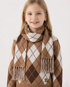 Burberry - Kids' Camel & White Diamond Knit Sweater with Fringed Scarf