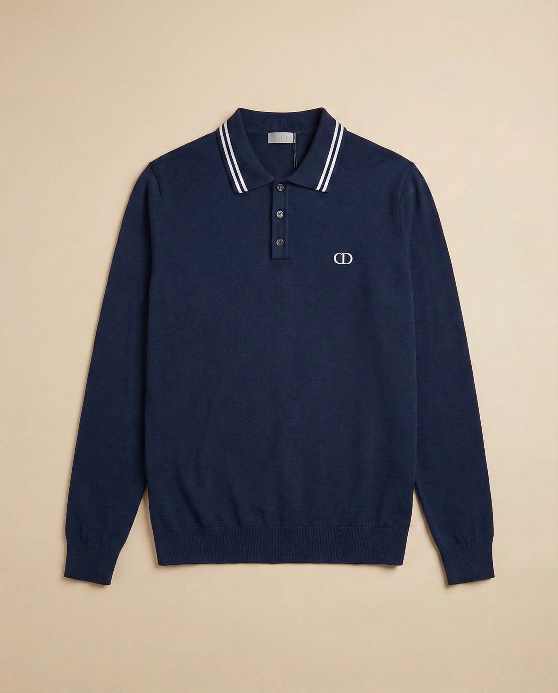 Dior - Men's Long-Sleeve Knit Polo Sweater with Striped Trim and CD Logo