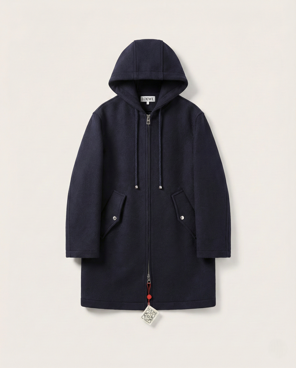 LOEWE Hooded Coat | Black Wool-Blend Anagram Jacquard