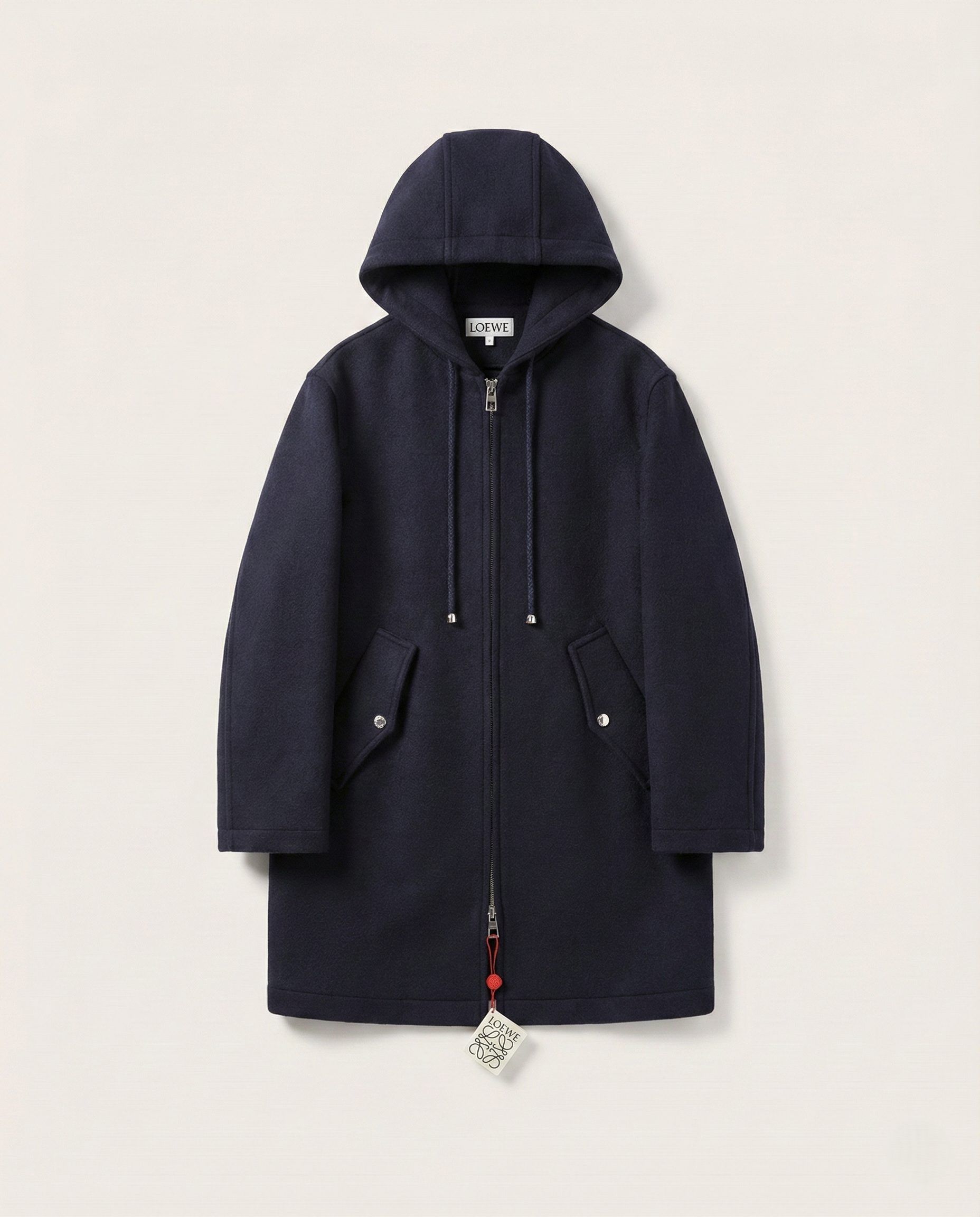 LOEWE Hooded Coat | Black Wool-Blend Anagram Jacquard