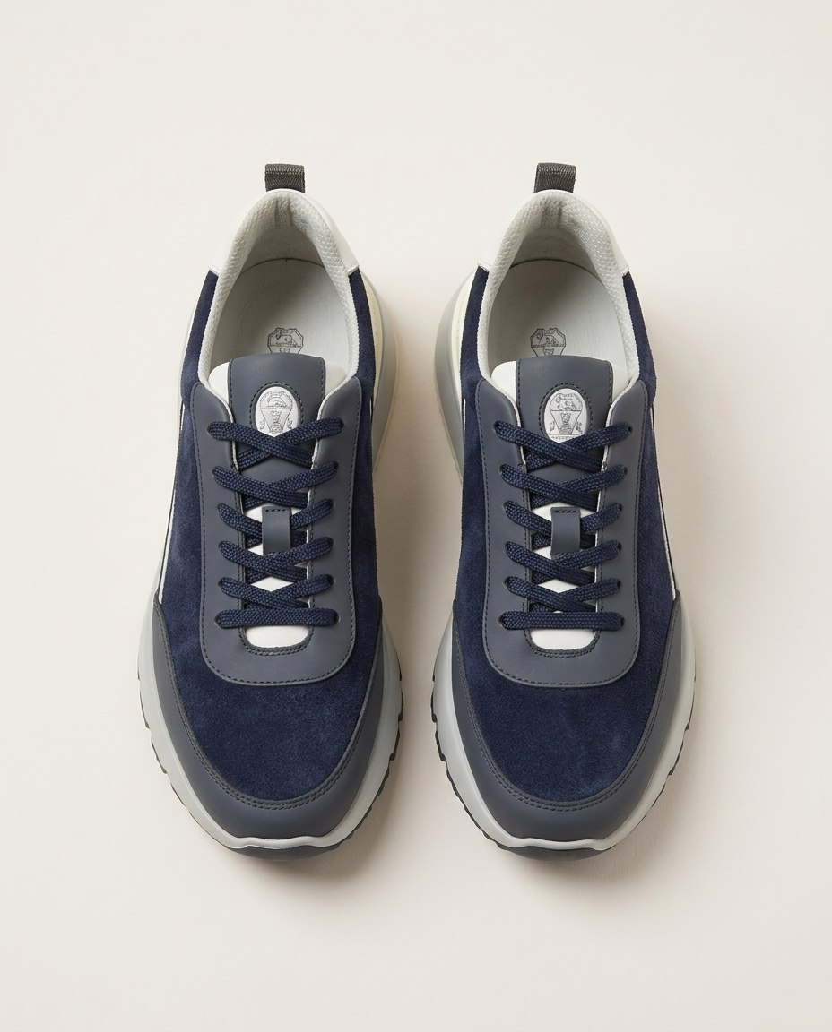 Brunello Cucinelli - Suede & Matte Leather Panel Sneakers in Navy/Grey