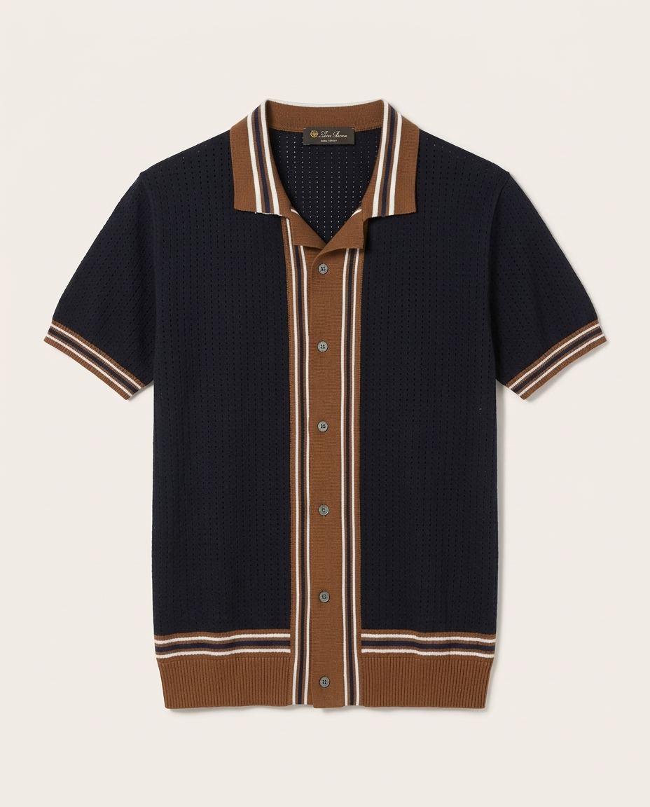 Loro Piana - Open-Work Crochet Knit Button-Up Polo - Navy & Cedar
