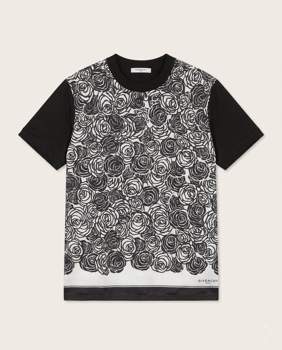 GIVENCHY - Monochrome Rose Print Contrast Panel T-Shirt