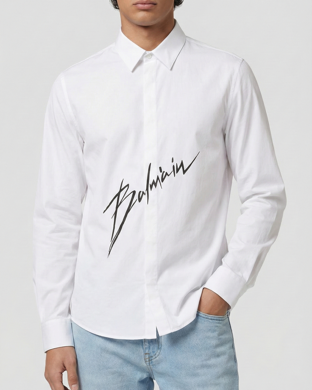 Balmain Paris - White Cotton Shirt with Black Signature Script Logo