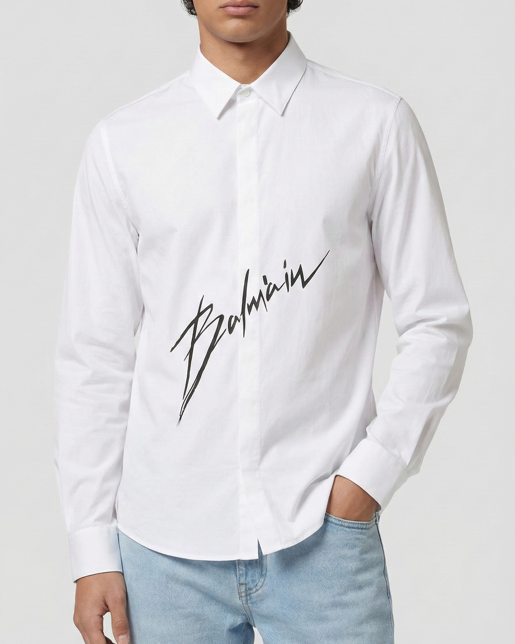 Balmain Paris - White Cotton Shirt with Black Signature Script Logo