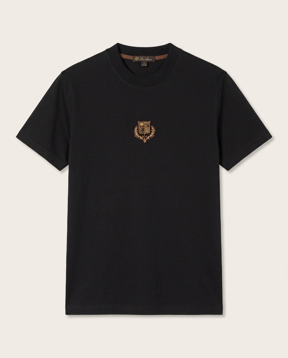 Loro Piana - Black Cotton T-Shirt with Metallic Crest Embroidery