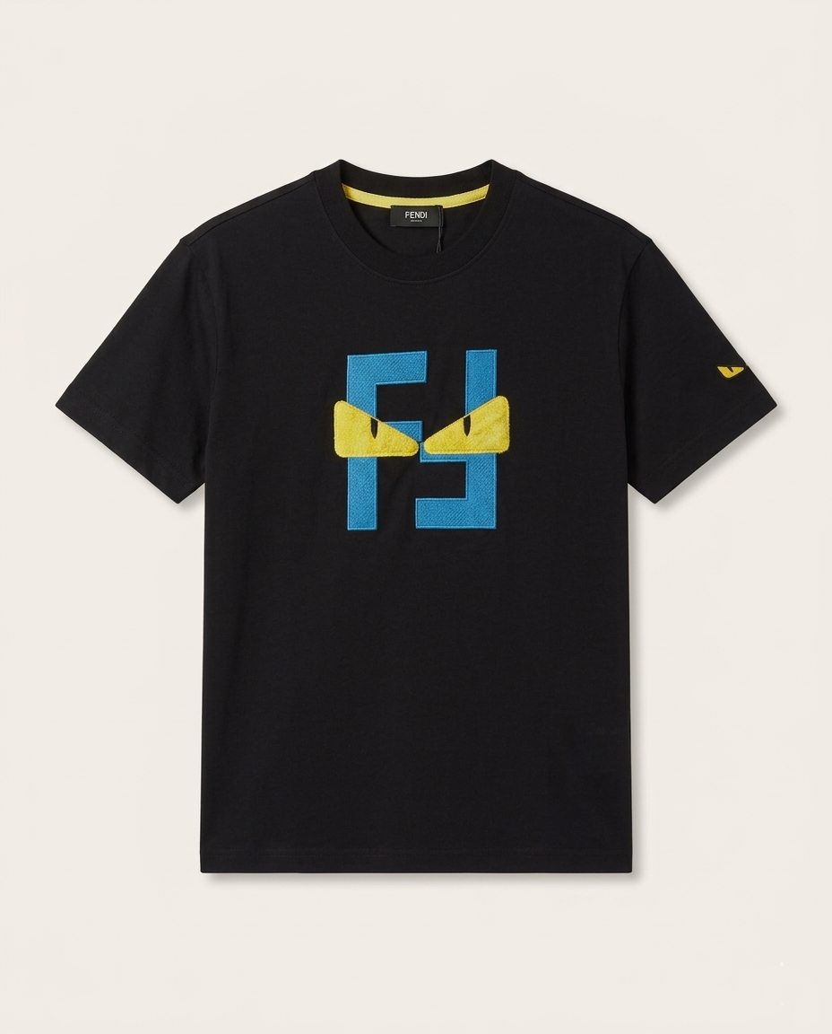 Fendi -White / Black Cotton T-Shirt with Bag Bugs FF Logo Appliqué