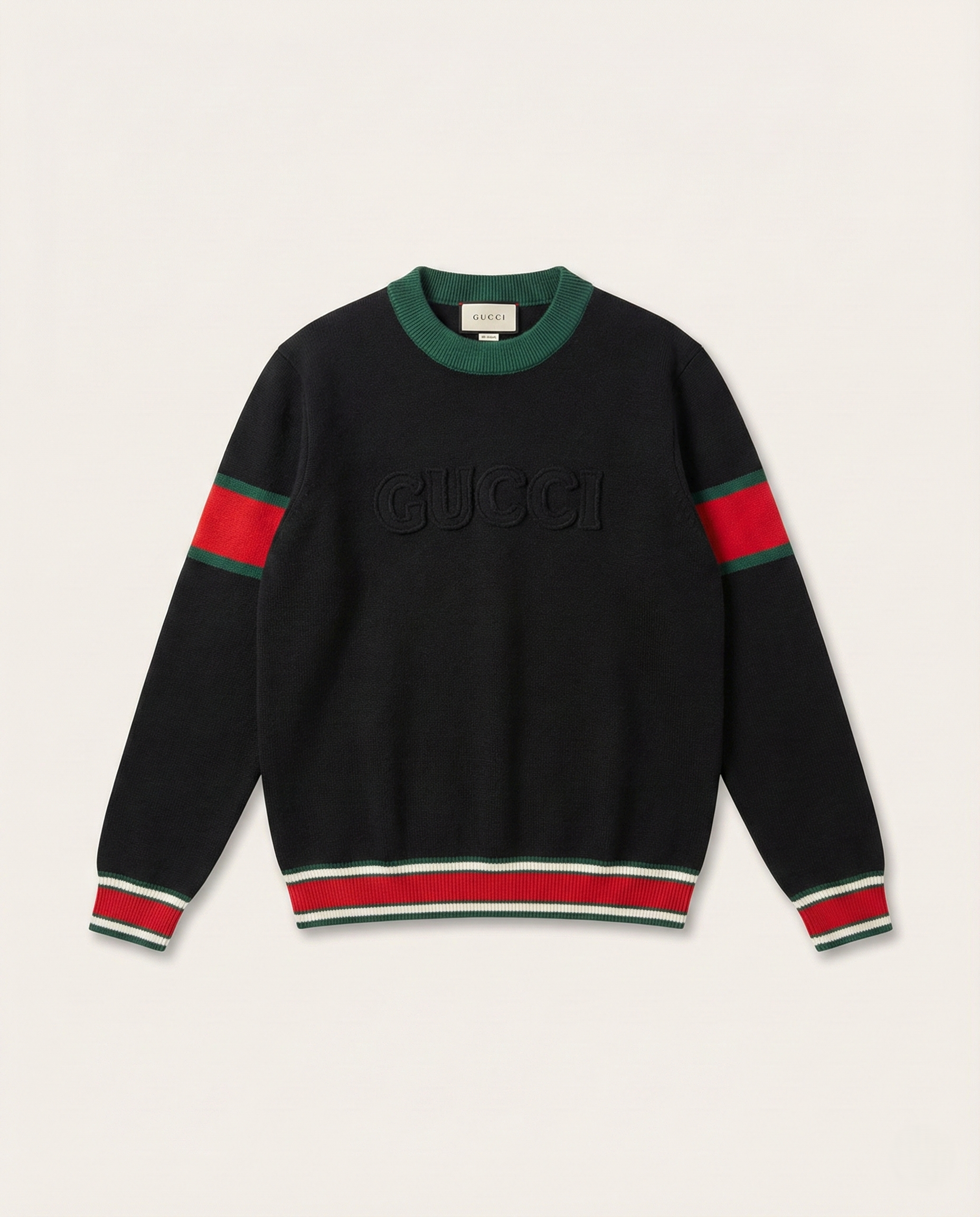 Gucci-Inspired Black Knit Sweater with Green & Red Web Stripes