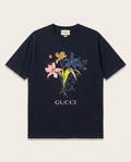 Gucci - Oversized Floral Bouquet Graphic T-Shirt in Navy Blue Cotton