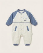 Fashion - Premium Soft Corduroy Panda Jumpsuit - Slate Blue & Cream