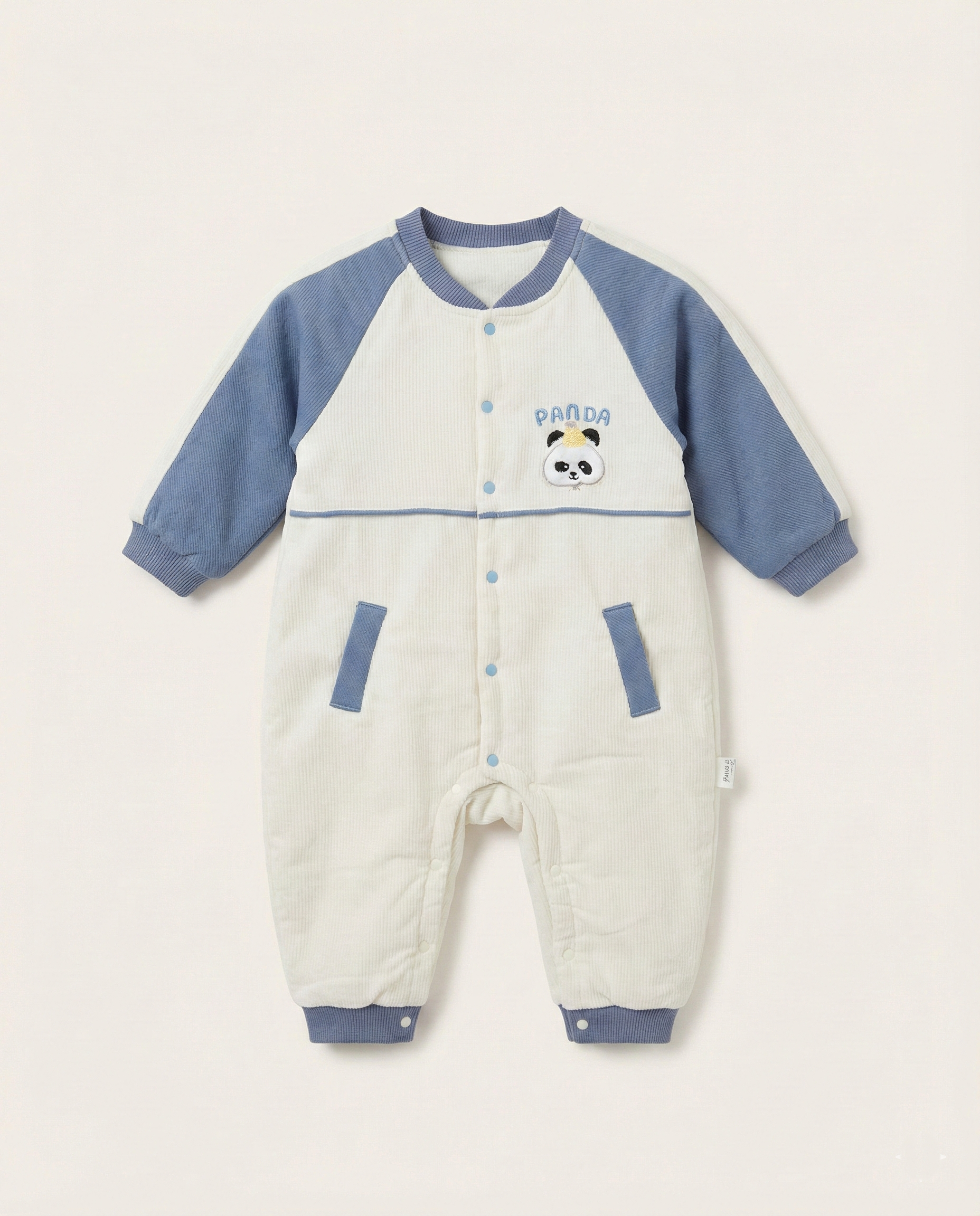 Fashion - Premium Soft Corduroy Panda Jumpsuit - Slate Blue & Cream