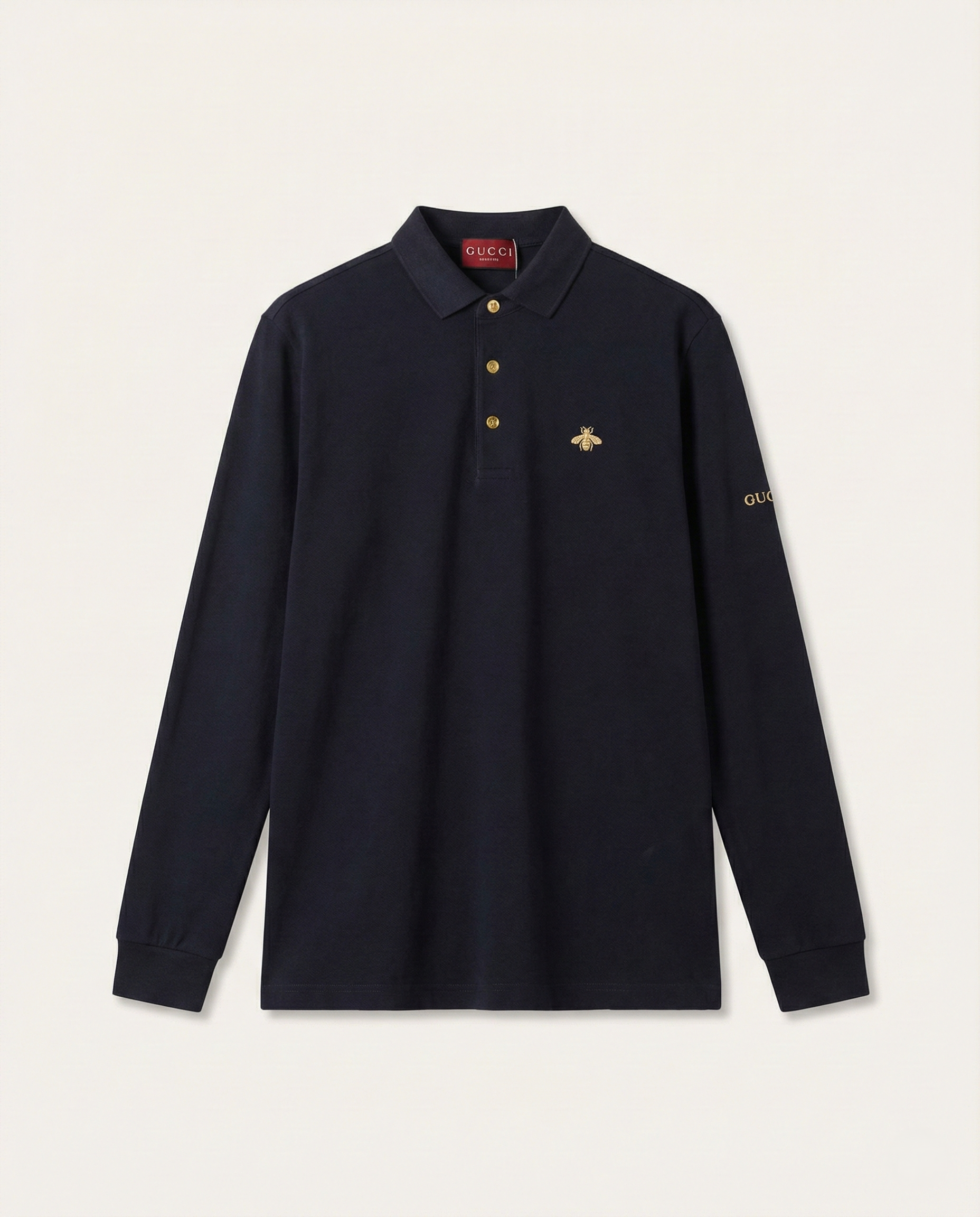 Gucci - Navy Long-Sleeve Piqué Polo with Gold Bee & Sleeve Embroidery