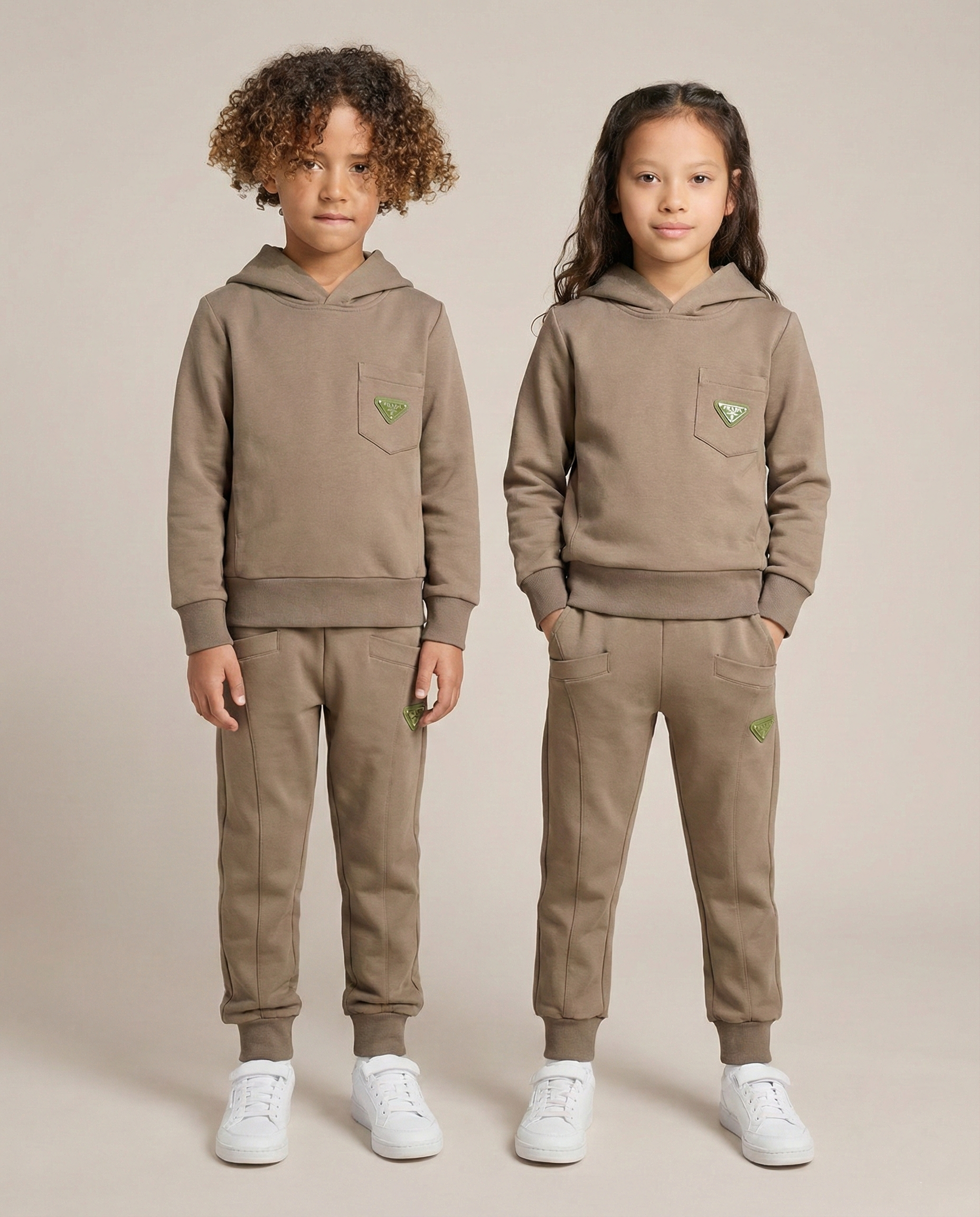 Prada - Kids' Camel Cotton Fleece Tracksuit Set - Signature Triangle Logo