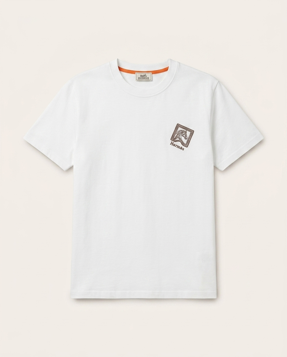 Hermès - Embroidered Equestrian Horse Motif T-Shirt in White Cotton
