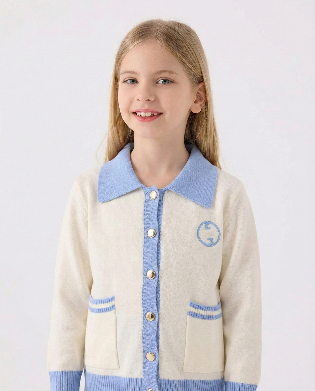Gucci - Kids' Interlocking G Contrast Trim Cardigan - Cream/Light Blue