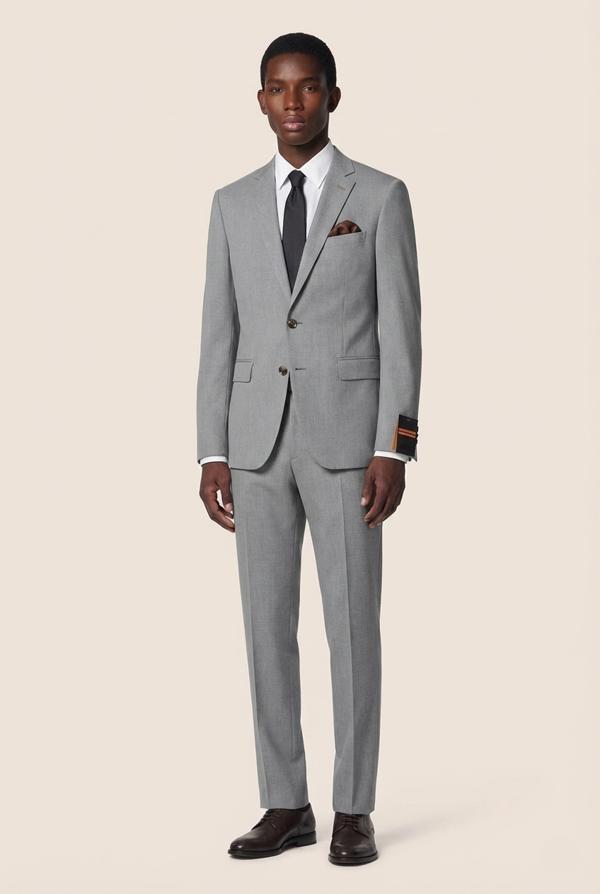 Zegna Light Grey Two-Button Tailored Suit with Pocket Square