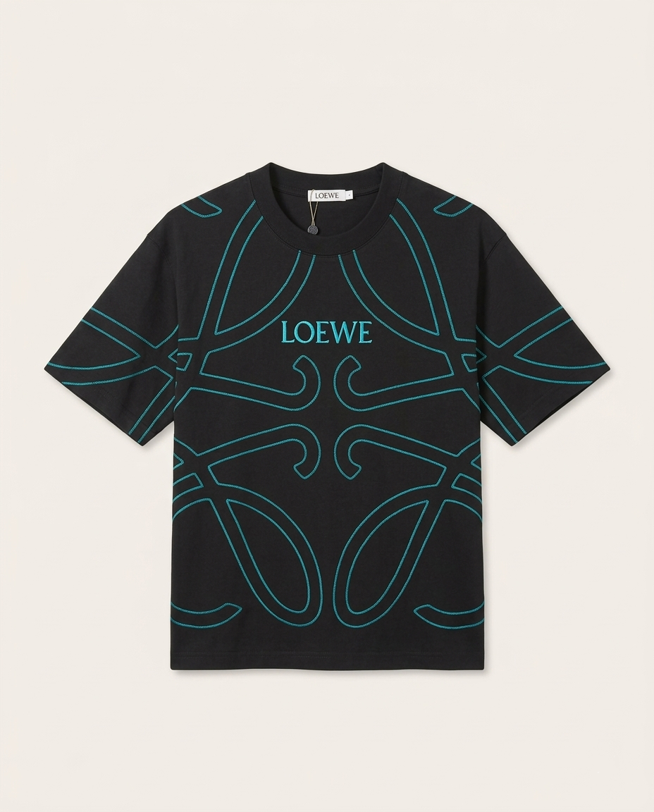 Loewe - Anagram Contrast-Stitch T-Shirt in Black and Turquoise