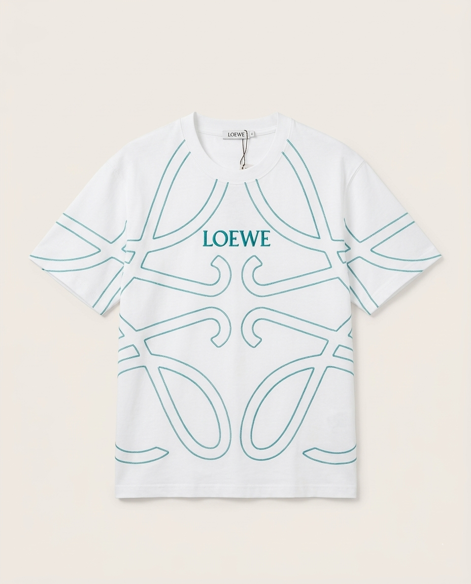 Loewe - Anagram Contrast-Stitch T-Shirt in White and Turquoise