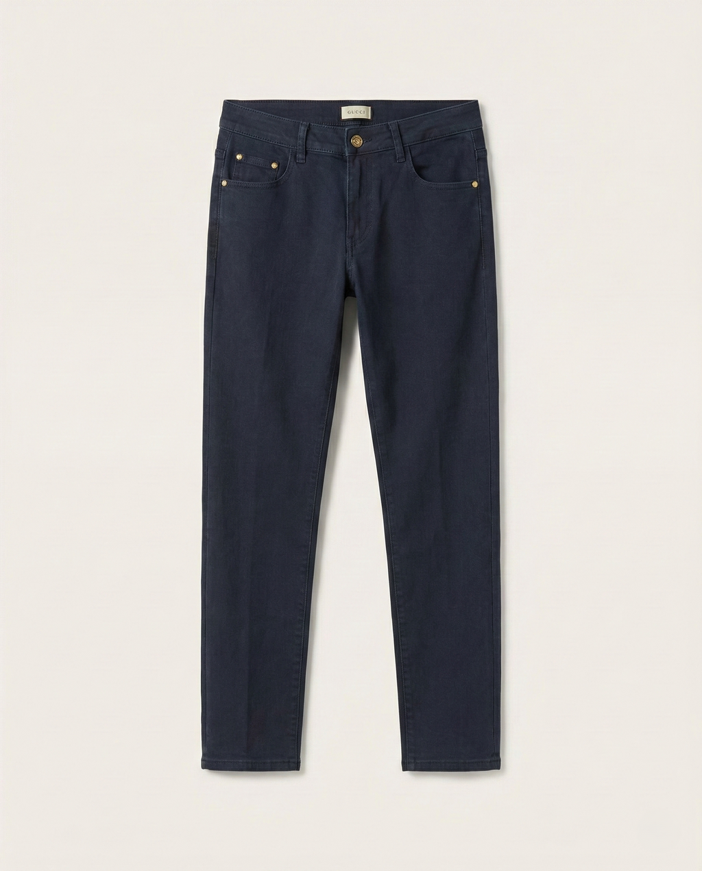 Gucci Men's Dark Wash Slim-Fit Denim Jeans with Signature Logo Patch