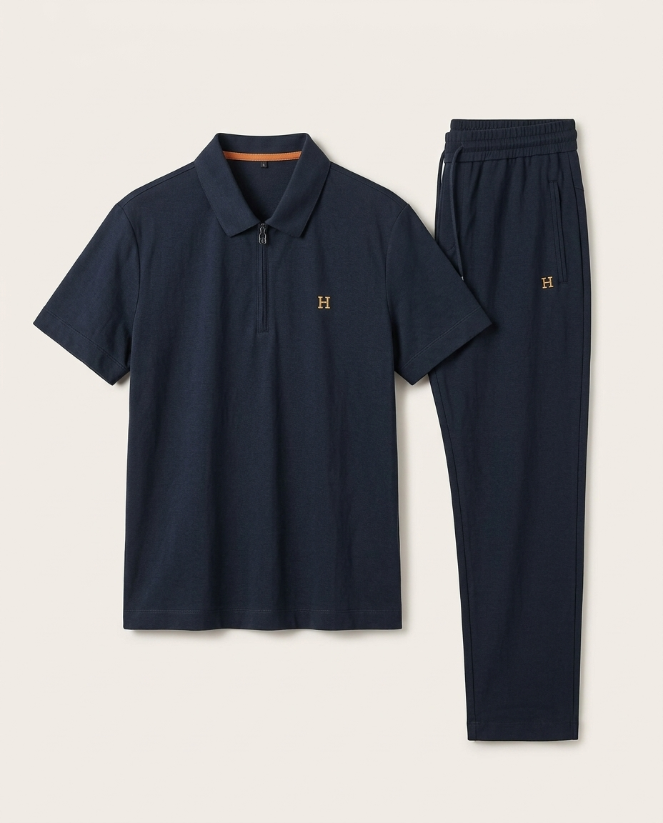 Hermes - Men’s Elite Knit Quarter-Zip Polo and Tailored Jogger Set – Deep Navy